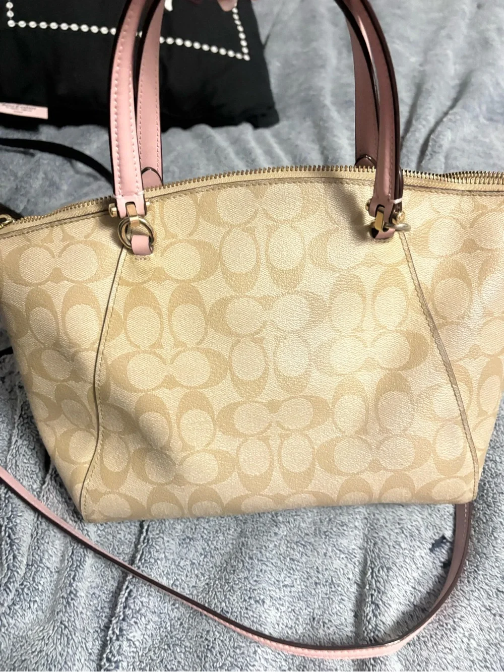 Coach Beige Signature Tote with Pink Trim and Strap